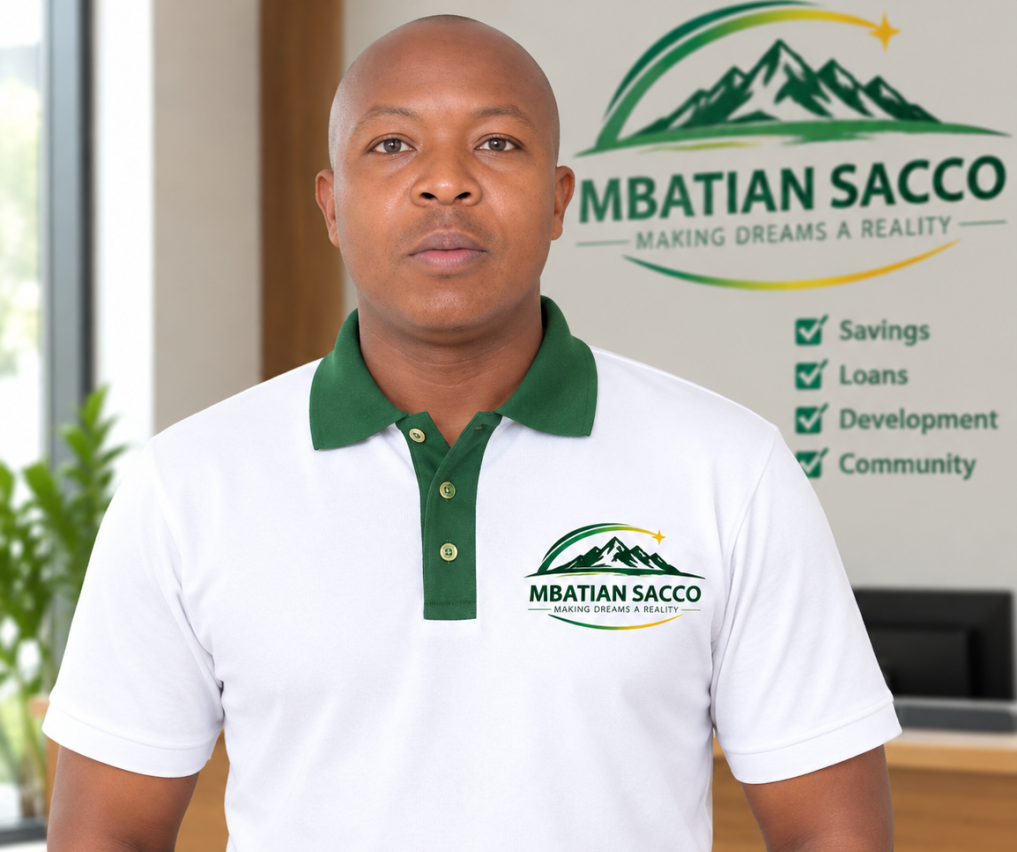 Chairman wearing a white polo shirt with green collar and MBATIAN SACCO logo